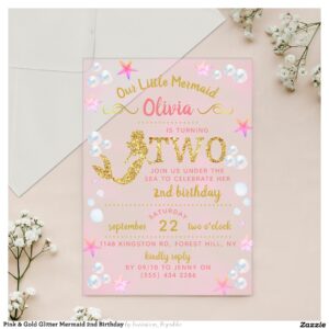 Pink & Gold Glitter Mermaid 2nd Birthday Acrylic Invitations