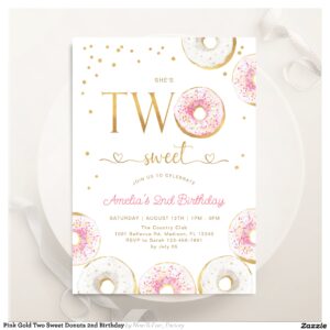 Pink Gold Two Sweet Donuts 2nd Birthday Invitation