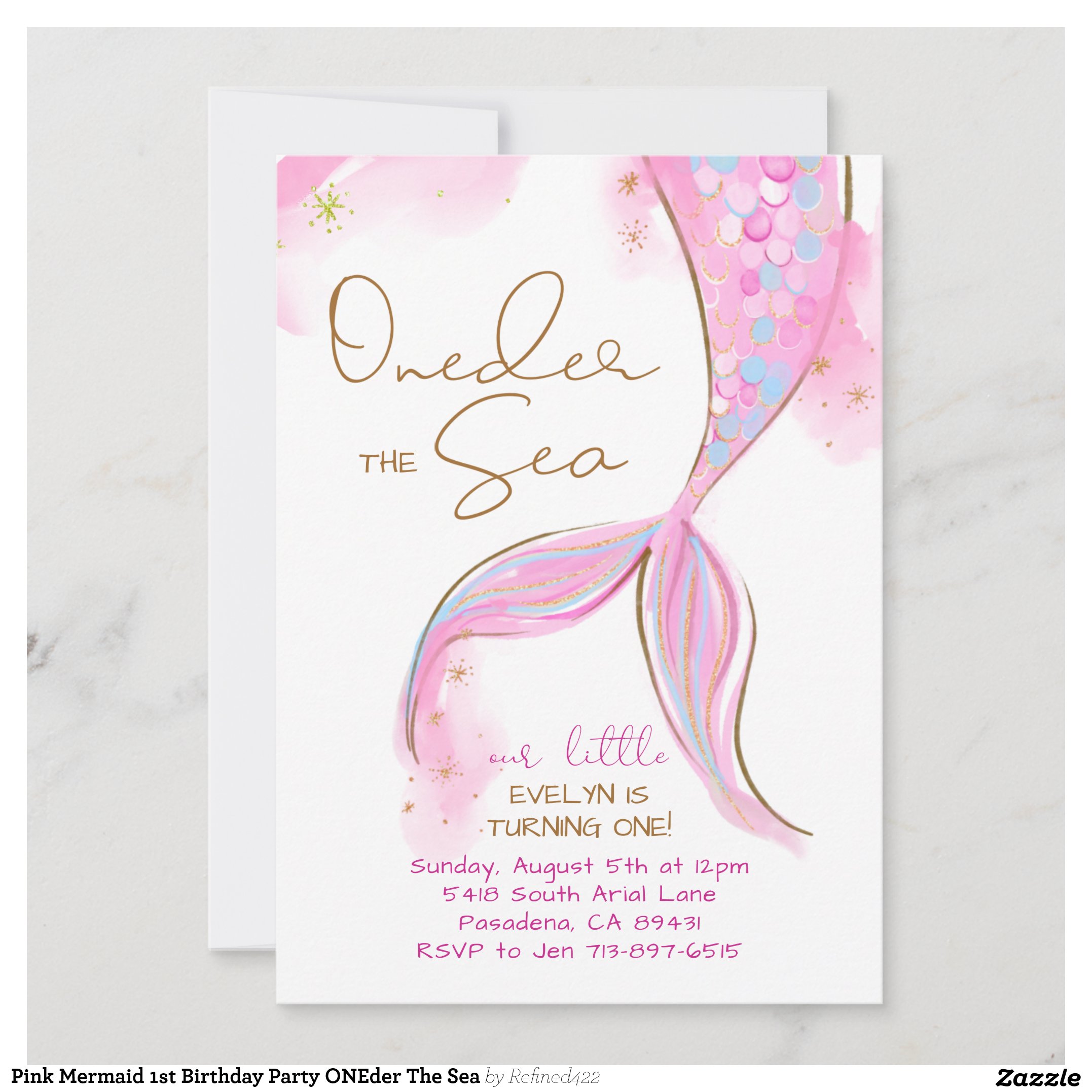 Pink Mermaid 1st Birthday Party ONEder The Sea Invitation