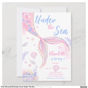 Pink Mermaid Birthday Party Under The Sea  Invitation