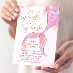 Pink Mermaid Splish Splash Girl Birthday Invitation