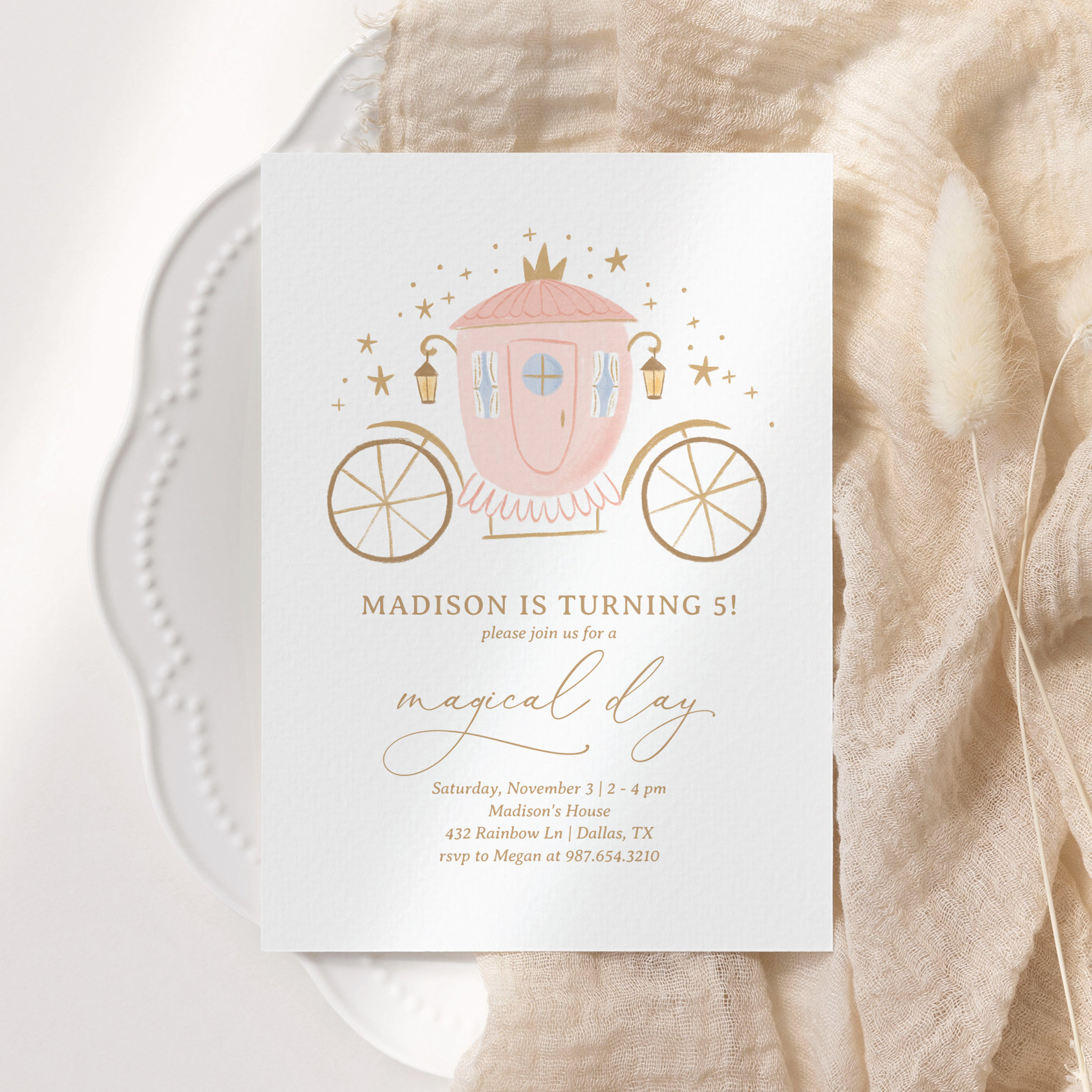 Pink Princess Carriage Girl Birthday Party Invitation