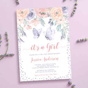 Pink Purple Floral Butterfly Girl Baby Shower Invitation
