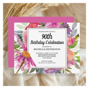 Pink Purple Floral Women's 90th Birthday Invitation