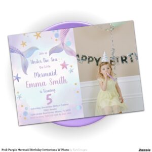 Pink Purple Mermaid Birthday Invitations W Photo