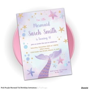 Pink Purple Mermaid Tail Birthday Invitations