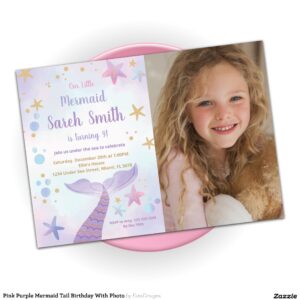 Pink Purple Mermaid Tail Birthday With Photo Invitation