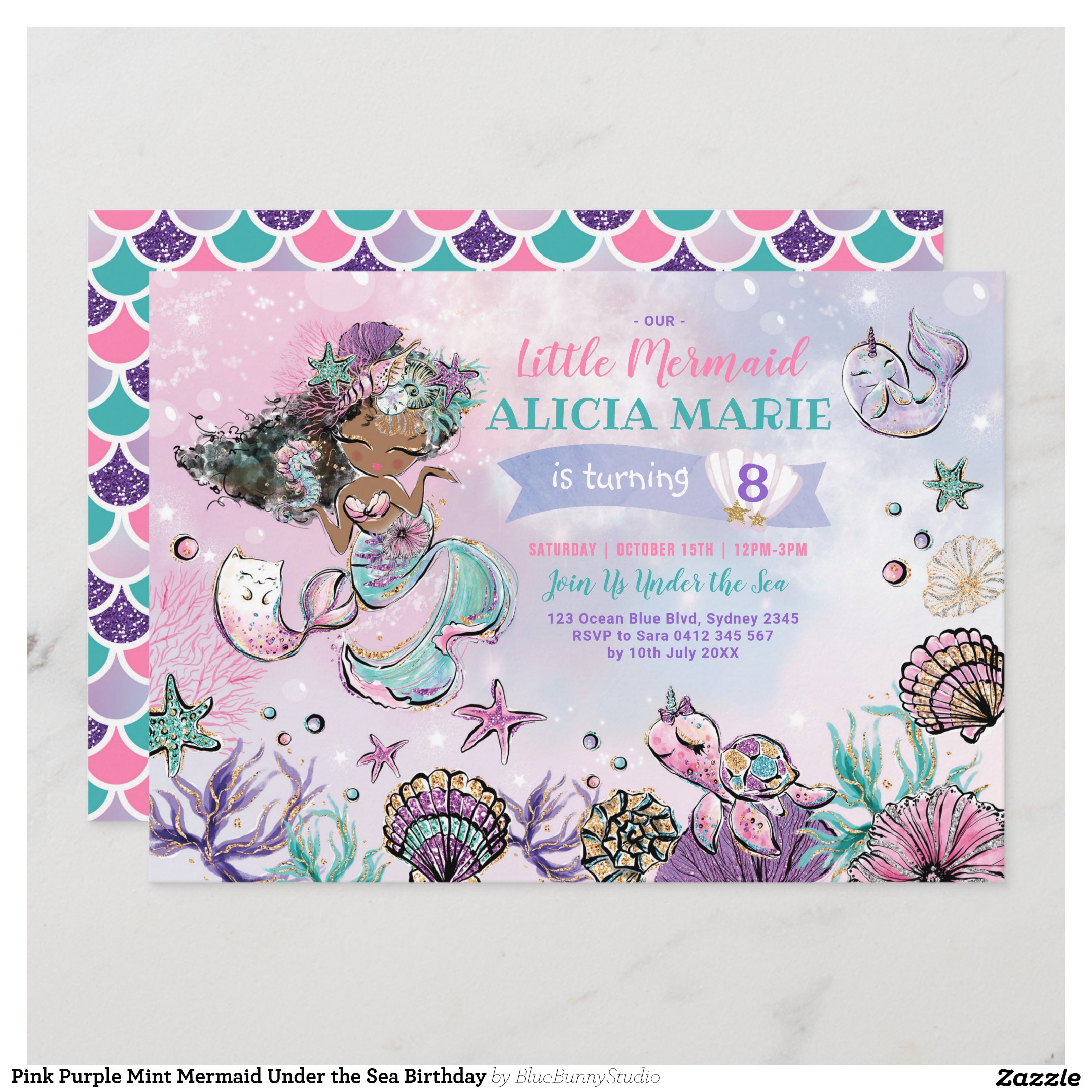 Pink Purple Mint Mermaid Under the Sea Birthday Invitation