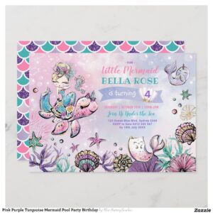Pink Purple Turquoise Mermaid Pool Party Birthday Invitation