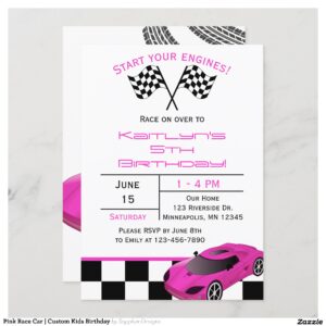 Pink Race Car   Custom Kids Birthday Invitation