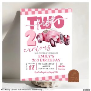 Pink Racing Car Two Fast Two Curious 2nd Birthday Invitation