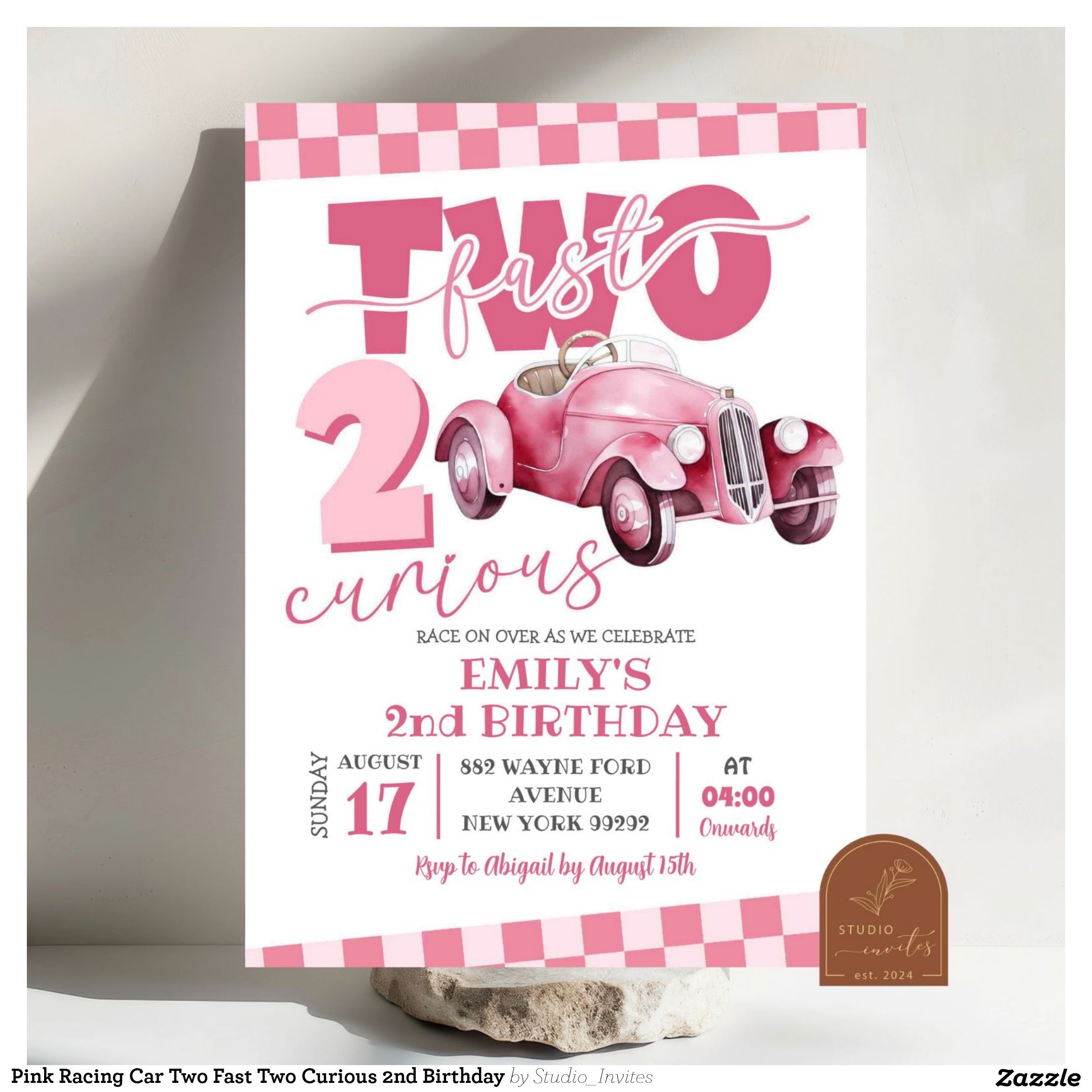 Pink Racing Car Two Fast Two Curious 2nd Birthday Invitation