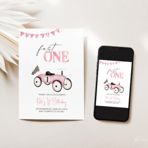 Pink Retro Race Car Ride-On Birthday Invitation