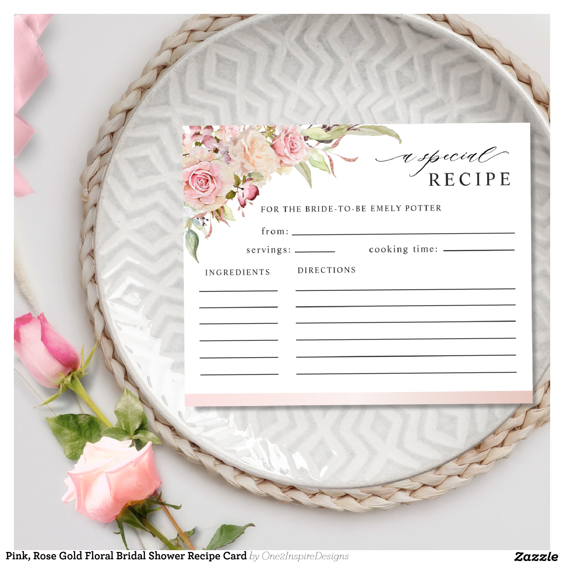 Pink, Rose Gold Floral Bridal Shower Recipe Card