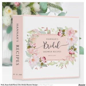 Pink, Rose Gold Floral Chic Bridal Shower Recipe 3 Ring Binder