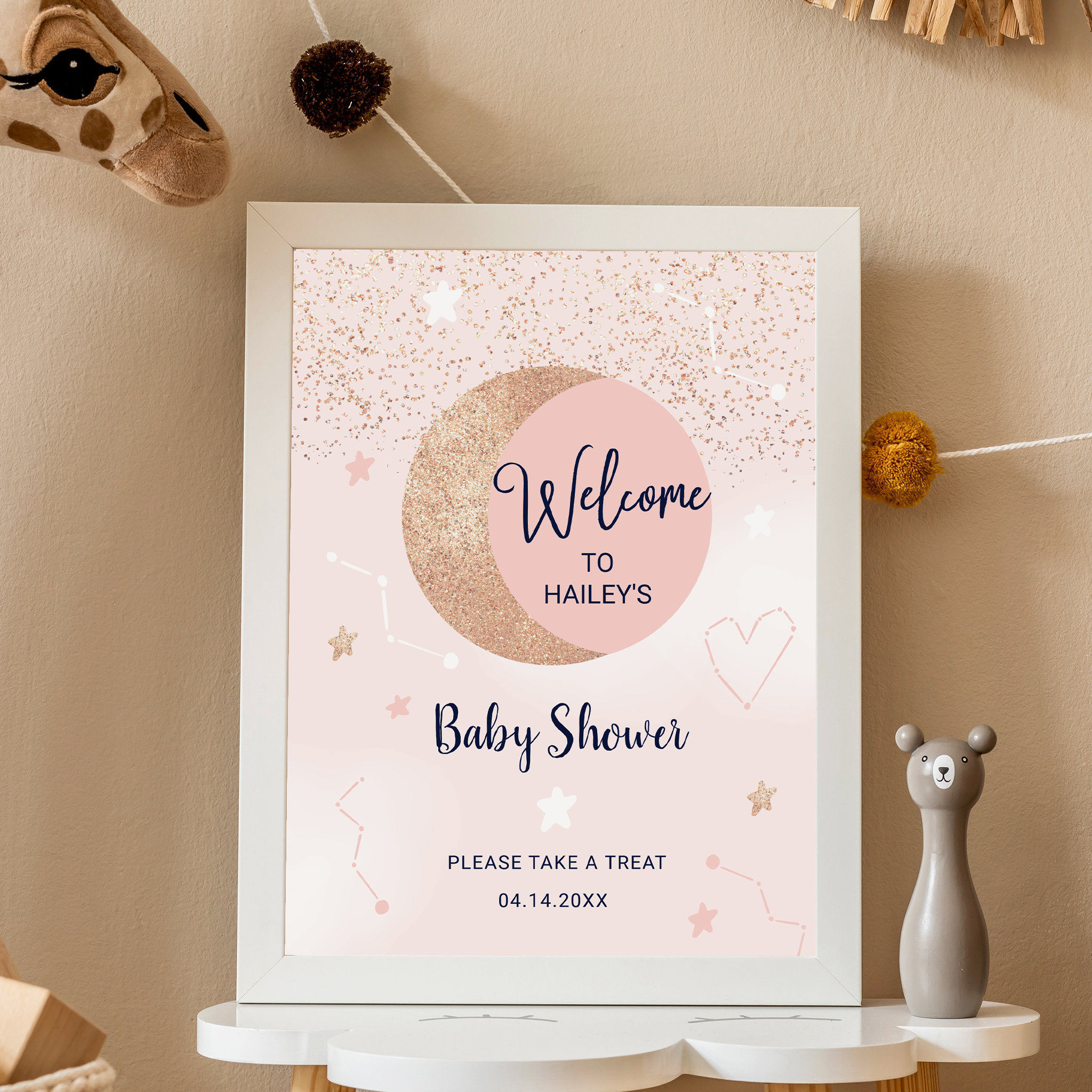 Pink rose gold glitter moon baby shower welcome foam board