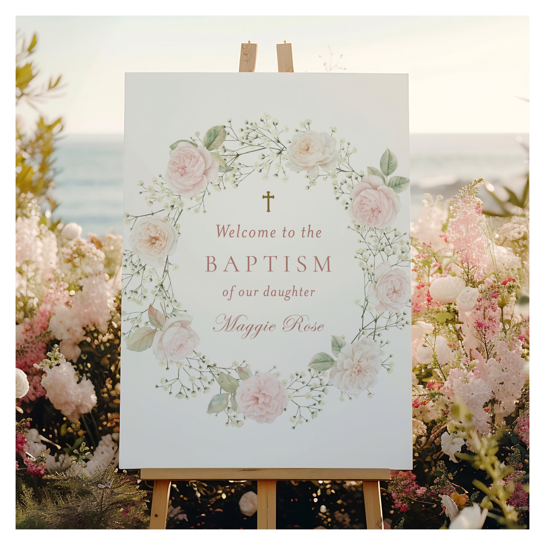 Pink Roses and Baby's Breath Baptism Welcome Foam Board