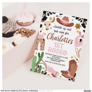 Pink Rustic Saddle Up First Rodeo 1st Birthday  Invitation