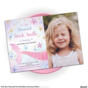 Pink Star Mermaid Tail Birthday Invitations Photo