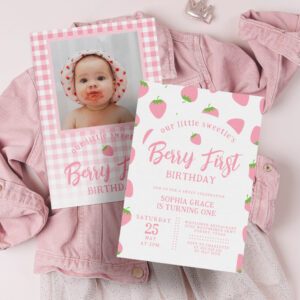 Pink Strawberry Photo Berry First 1st Birthday Invitation