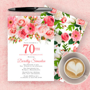 Pink Summer Floral Pretty 70th Birthday Invitation