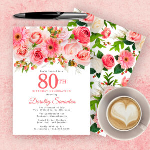 Pink Summer Floral Pretty 80th Birthday Invitation
