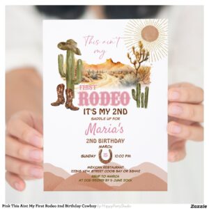 Pink This Aint My First Rodeo 2nd Birthday Cowboy Invitation