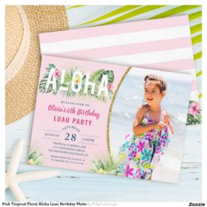 Pink Tropical Floral Aloha Luau Birthday Photo Invitation