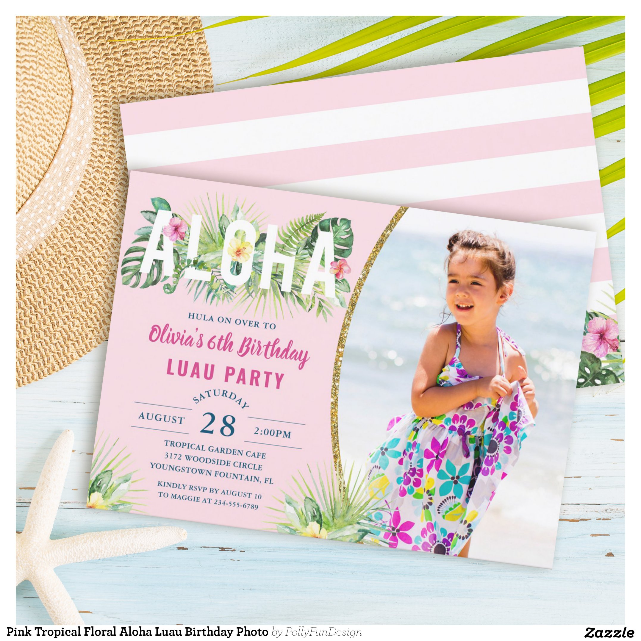 Pink Tropical Floral Aloha Luau Birthday Photo Invitation