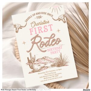 Pink Vintage Desert First Rodeo 1st Birthday  Invitation