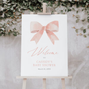 Pink Watercolor Bow Girl Baby Shower Welcome Sign