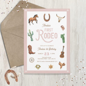 Pink Western First Birthday Rodeo Baby Girl Invitation