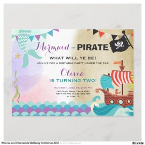 Pirates and Mermaids birthday invitation Girl