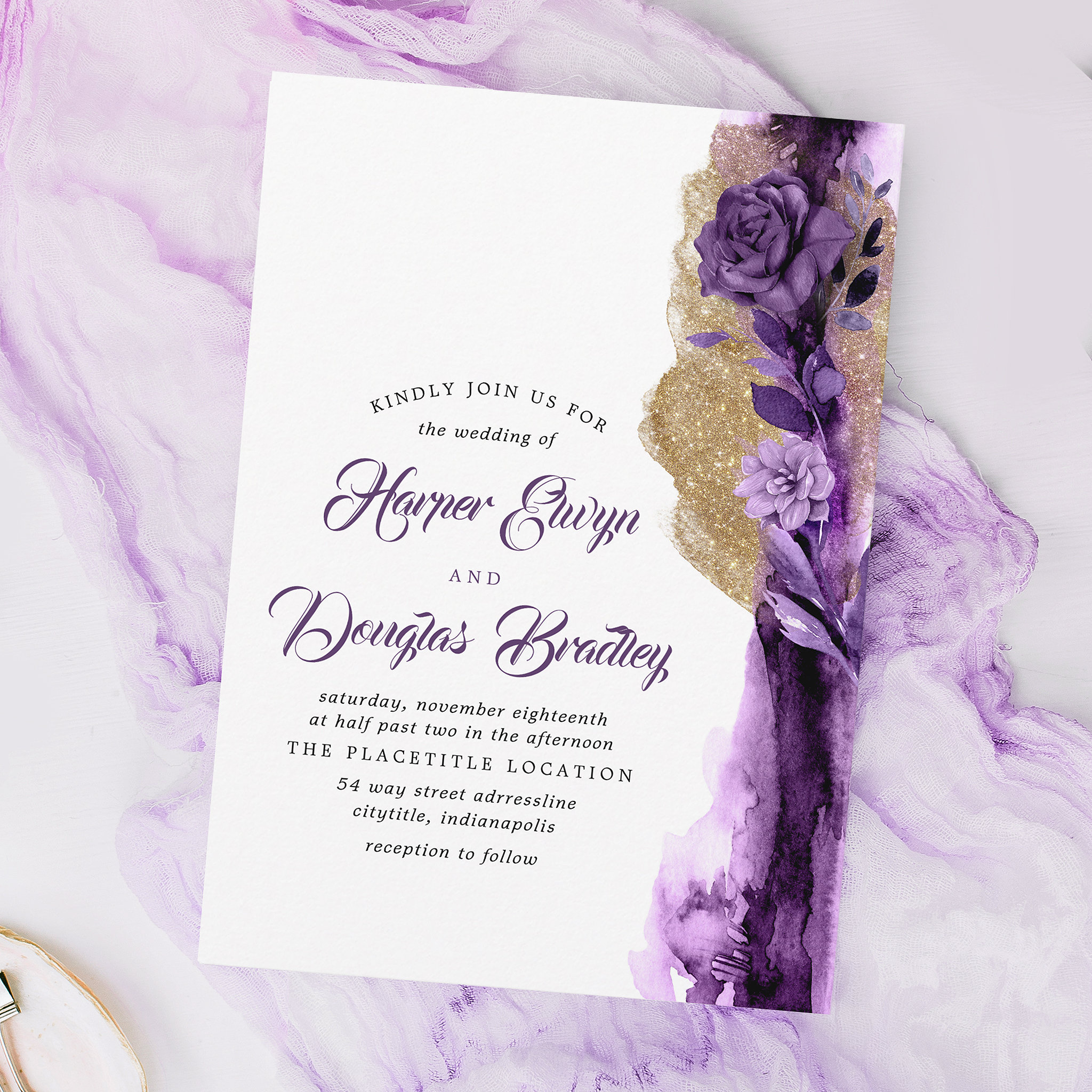 Plum Purple - Eggplant and Gold Floral Wedding Invitation