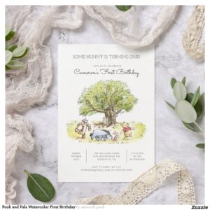Pooh and Pals Watercolor First Birthday Invitation