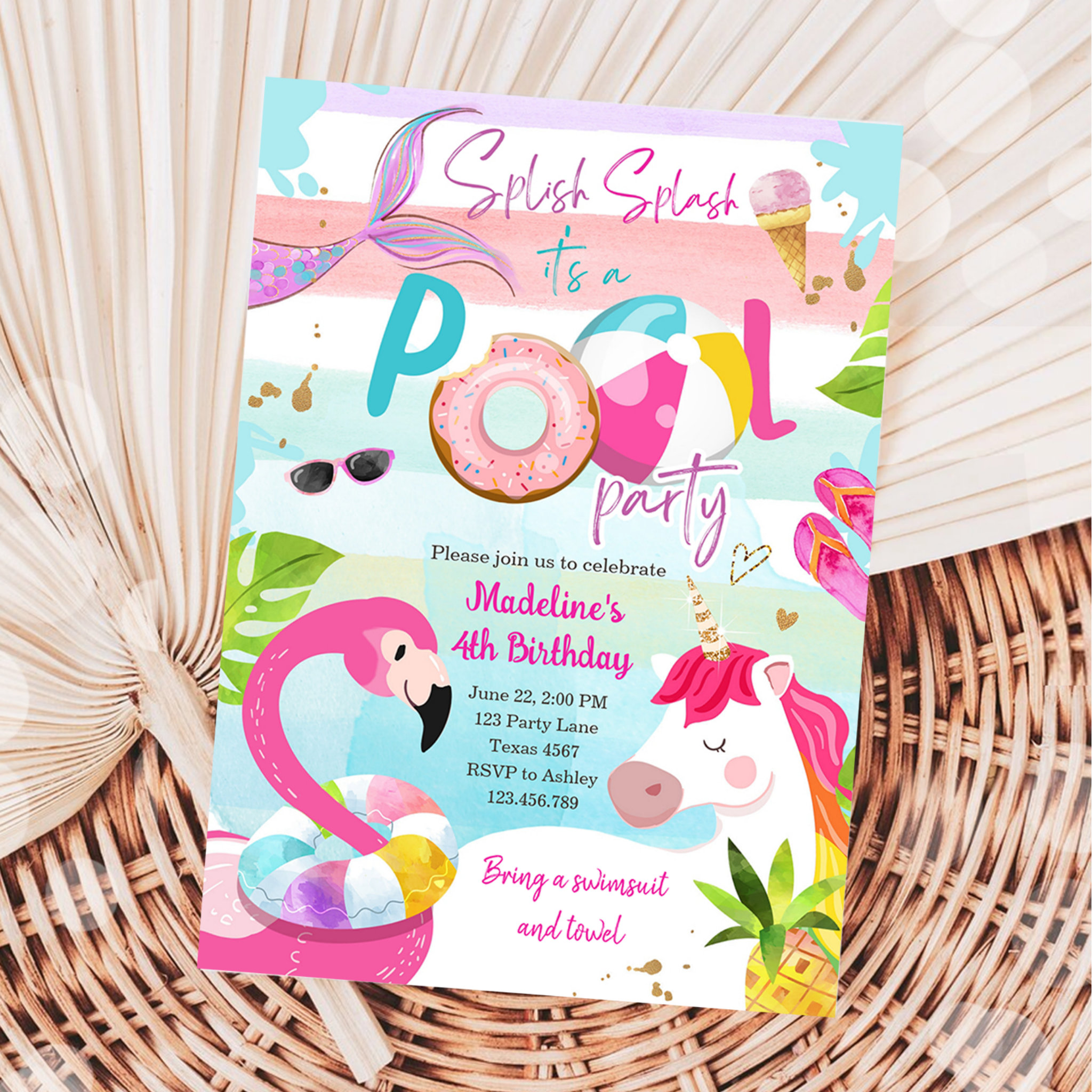Pool Party Bash Unicorn Mermaid Flamingo Birthday Invitation