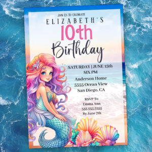 Pretty Mermaid Girl's 10th Birthday Invitation