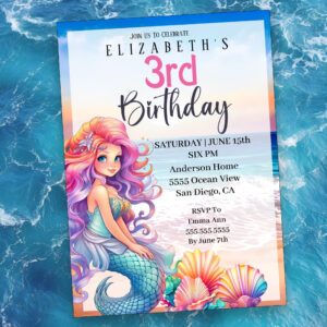Pretty Mermaid Girl's 3rd Birthday Invitation