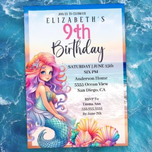 Pretty Mermaid Girl's 9th Birthday Invitation