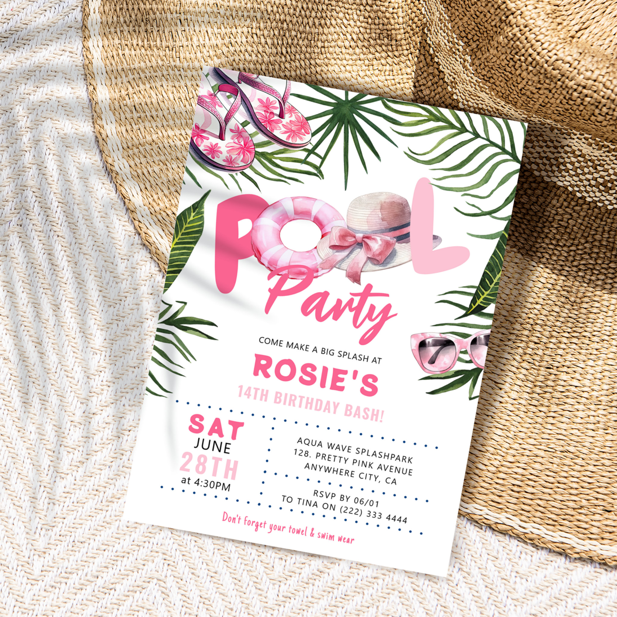Pretty Pink Pool Party Girl Birthday Invitation