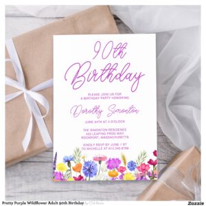 Pretty Purple Wildflower Adult 90th Birthday Invitation