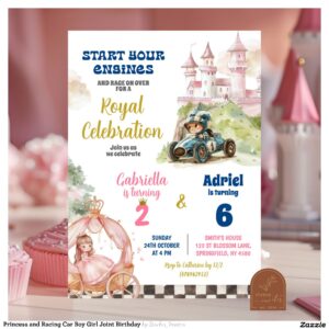 Princess and Racing Car Boy Girl Joint Birthday Invitation