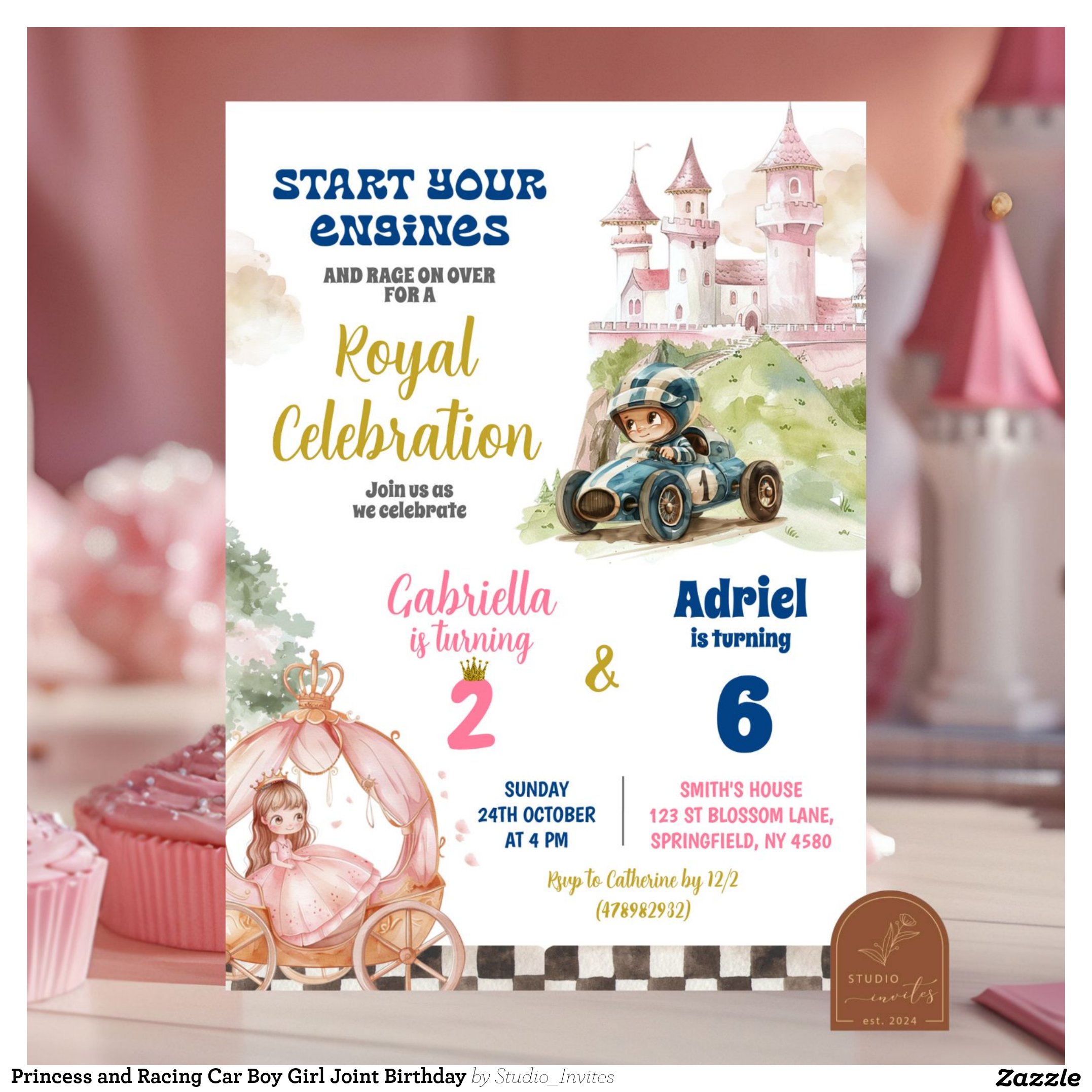 Princess and Racing Car Boy Girl Joint Birthday Invitation