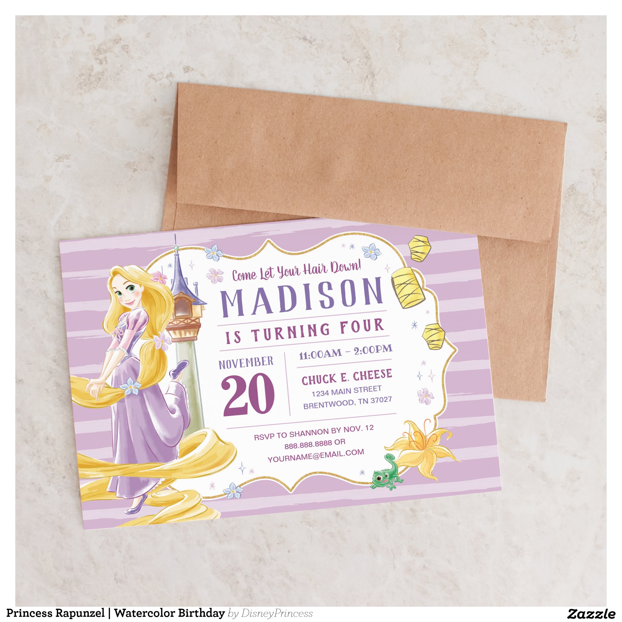 Princess Rapunzel   Watercolor Birthday Invitation