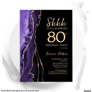 Purple Black Gold Agate Surprise 80th Birthday Invitation
