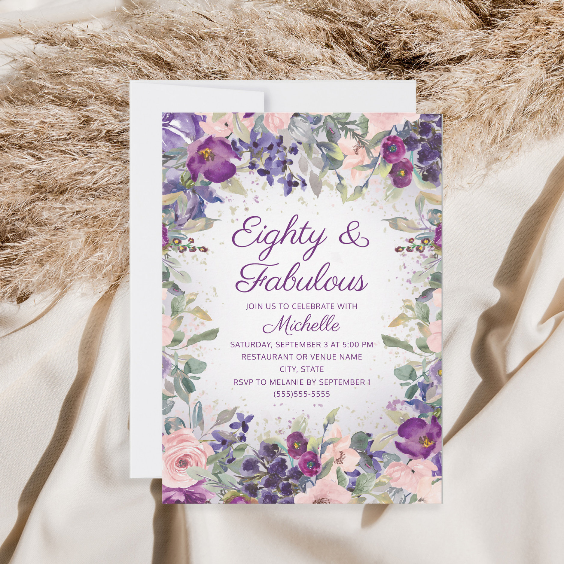 Purple Blush Pink Floral 80 and Fabulous Birthday Invitation