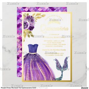 Purple Dress Mermaid Tail Quinceanera Gold Foil Invitation