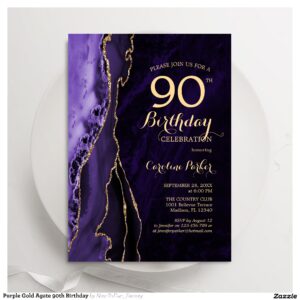Purple Gold Agate 90th Birthday Invitation
