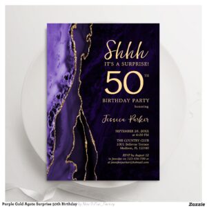 Purple Gold Agate Surprise 50th Birthday Invitation