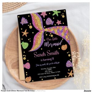 Purple Gold Glitter Mermaid Tail Birthday Invitation